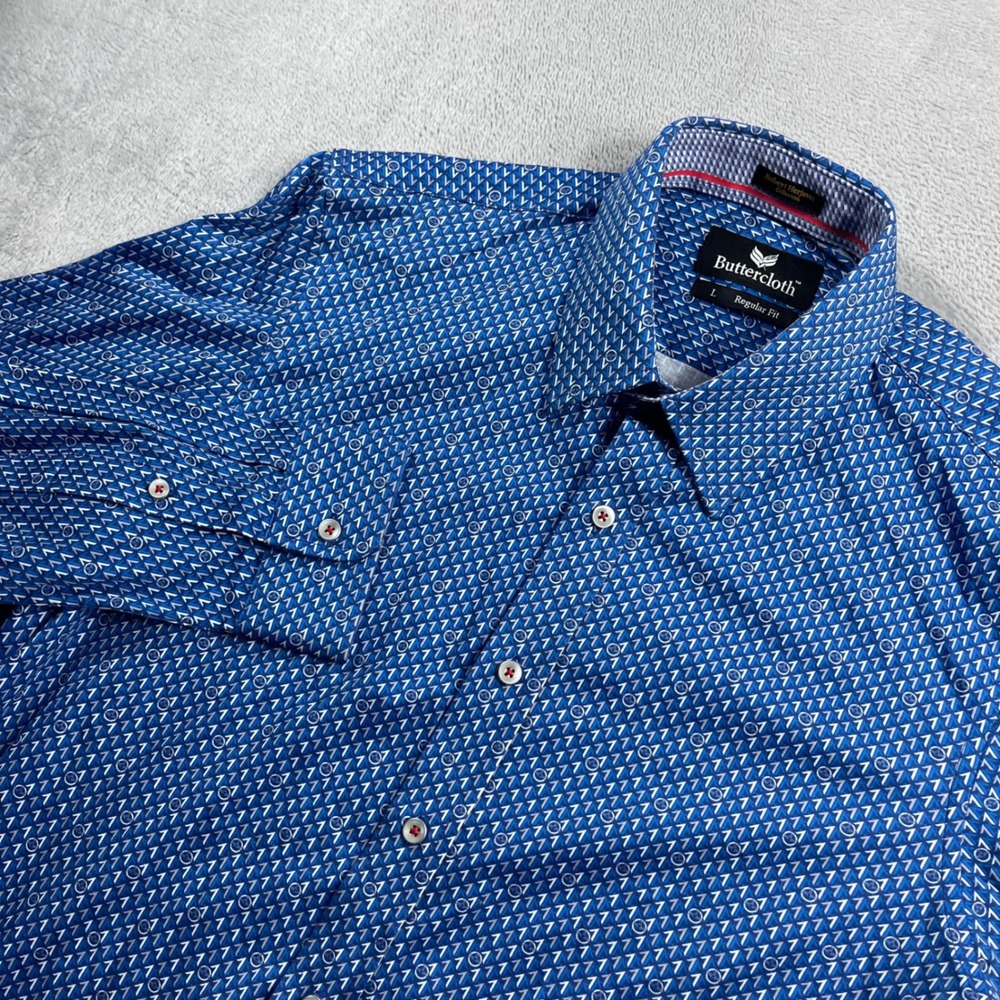 Buttercloth Robert Herjavec Collection Mens Blue Geometric Pattern Shirt Large